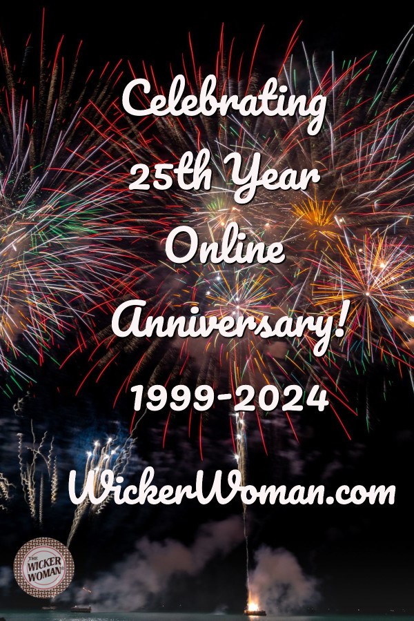 WickerWoman.com announcing online 25th year anniversary. Cathryn Peters started in business in 1973 and went online in June of 1999 and has been serving the seatweaving and basketry community providing education, resources, strategies, and encouragement for a quarter of a century. 