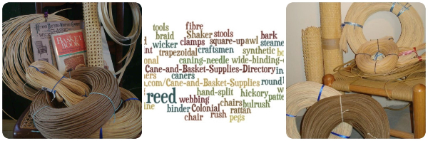 A collage of three images showing chair caning, basket weaving supplies and a word jumble in the middle for the Cane and Basket Supplies Directory.