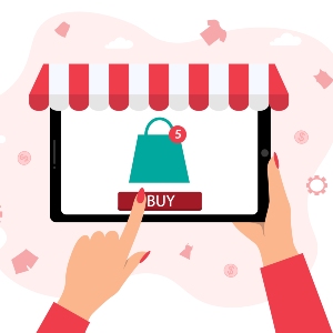 Clickable graphic with hand holding a tablet with shop app for Shop my Amazon Store!