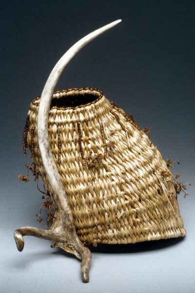 "Balancing Act" Red Deer Antler Basket  and Bulrush Sculpture by Cathryn Peters
