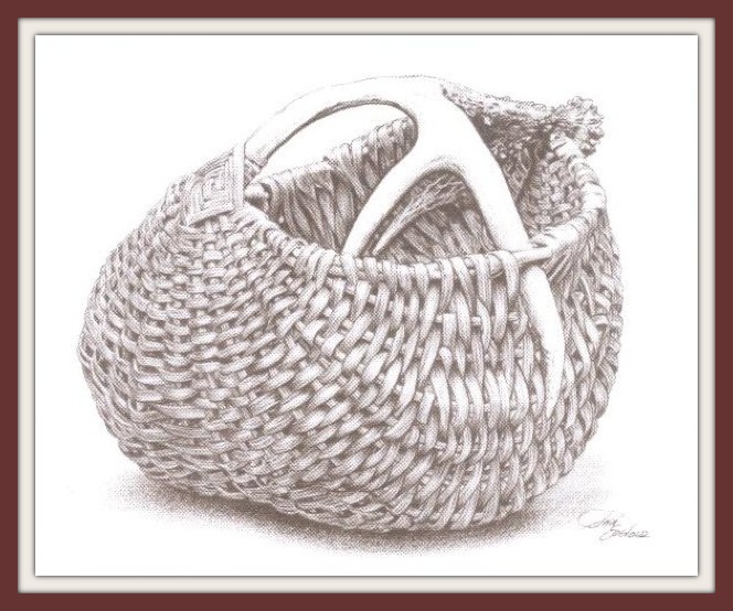 Line drawing in a brown frame of First Attempt, Cathryn Peters' first antler basket created in 1990.