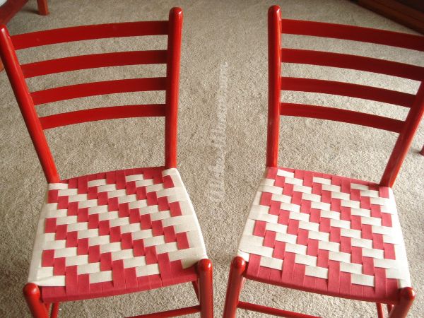 Pair of chairs with Shaker tape seats woven in herringbone twill pattern.