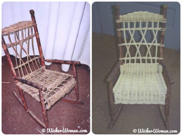 Collage side by side image of the 1920s child's wicker rocker before and after restoration. 