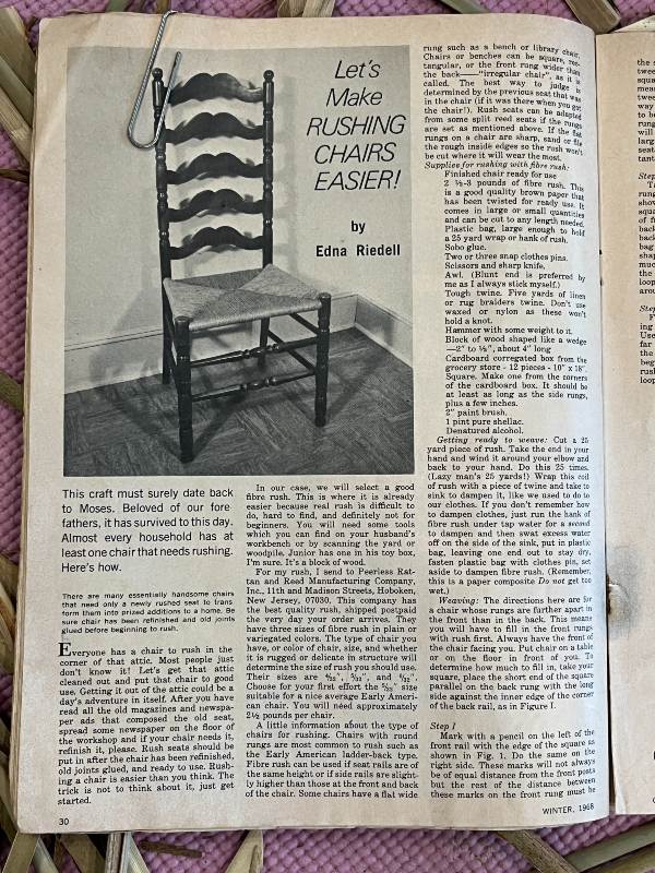 Magazine article from 1968, how to weave a paper rush chair seat.